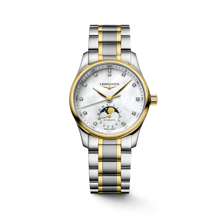 Longines Master Collection Moonphase Automatic 34 mm White Mother-of-Pearl Diamond Dial Stainless Steel & 18K Yellow Gold Cap Bracelet [L2.409.5.87.7]