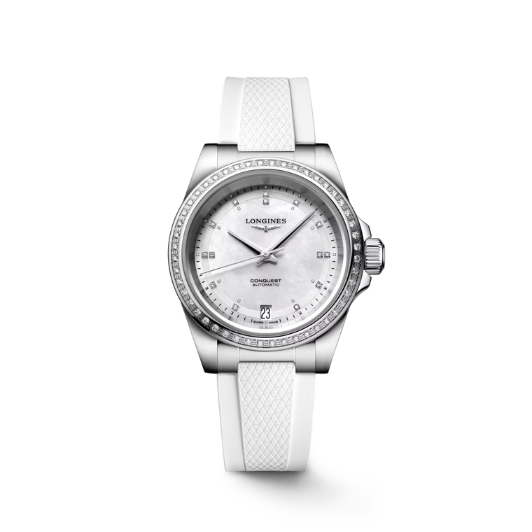 Longines Conquest Automatic 34 mm White Mother-of-Pearl Diamond Dial White Rubber Strap [L3.430.0.87.9]