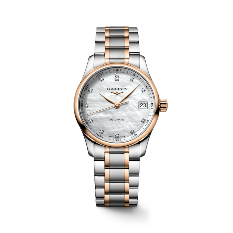 Longines Master Collection Automatic 34 mm White Mother-of-Pearl Diamond Dial Two-Tone Stainless Steel & 18K Rose Gold Cap Bracelet [L2.357.5.89.7]