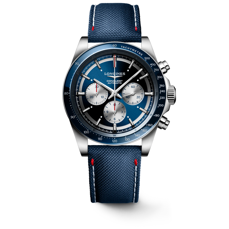 Longines Conquest Chronograph Marco Odermatt Edition Automatic 42 mm Sunray Blue Dial Ceramic Bezel Blue Nylon Strap [L3.835.4.91.2]