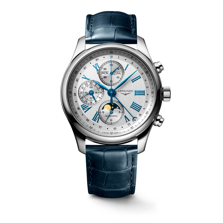 Longines Master Collection Chronograph Opaline Ivory Dial With Calendar & Moonphase Blue Alligator Strap Automatic 42 mm [L2.773.4.71.2]