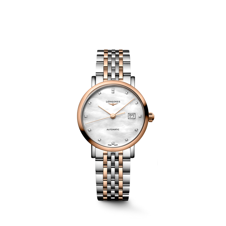 Longines Elegant Collection White Mother-of-Pearl Dial Stainless Steel & 18K Rose Gold Cap 200 Bracelet Automatic 29 mm [L4.310.5.80.7]