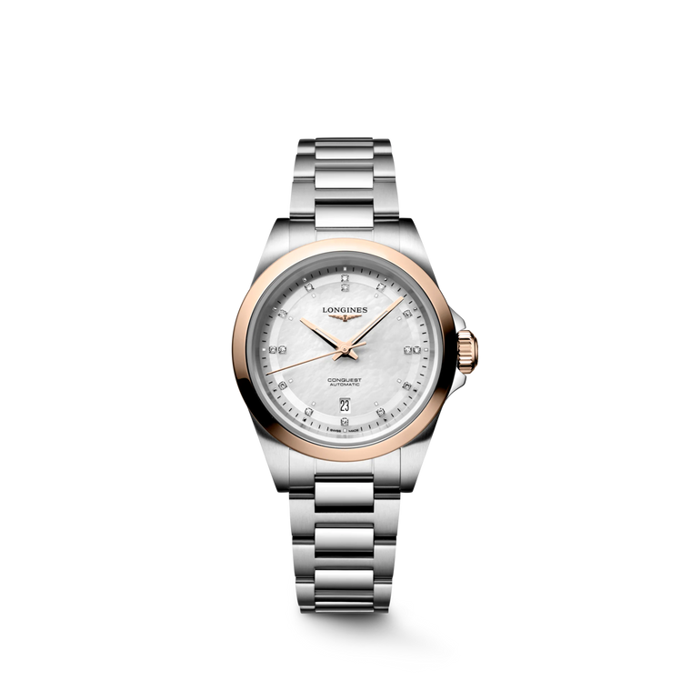 Longines Conquest Automatic Mother-of-Pearl Dial Diamonds 18K Rose Gold Bezel Steel Bracelet 30 mm [L3.320.5.87.6]