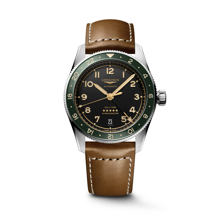 Longines Spirit Zulu Time Anthracite Dial With Green Ceramic Bezel Brown Leather Strap Automatic GMT 39 mm [L3.802.4.63.2]
