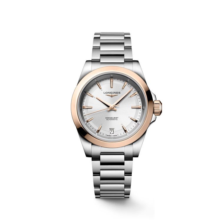Longines Conquest Automatic 34 mm Sunray Silver Dial Stainless Steel and 18K Rose Gold Bracelet [L3.430.5.72.6]