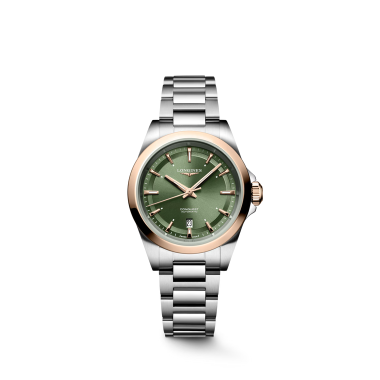 Longines Conquest Automatic 30 mm Sunray Green Dial Stainless Steel and 18K Rose Gold Bracelet [L3.320.5.02.6]