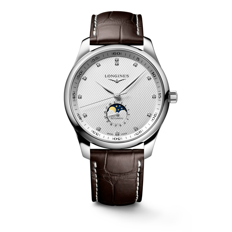 Longines Master Collection Moonphase Automatic 42 mm Silver “Barleycorn” Diamond Dial Alligator Strap [L2.919.4.77.3]