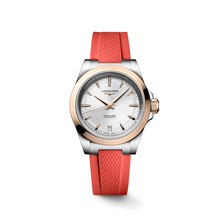 Longines Conquest Automatic Sunray Silver Dial Stainless Steel & 18 k Pink Gold Cap Case Red Rubber Strap 34 mm [L3.430.5.72.9]