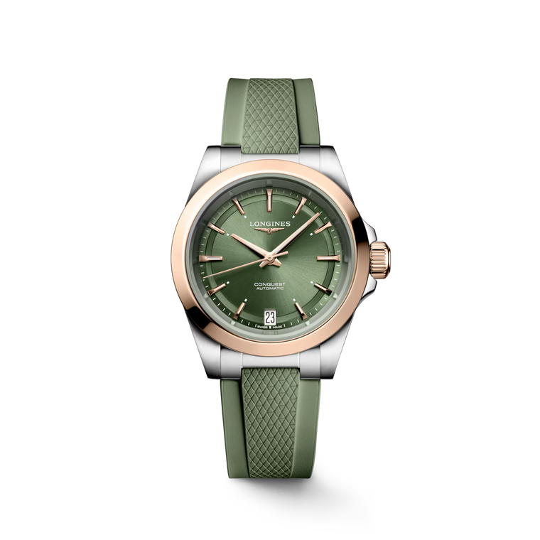 Longines Conquest Automatic Sunray Green Dial Stainless Steel & 18 k Pink Gold Cap Case Green Rubber Strap 34 mm [L3.430.5.02.9]