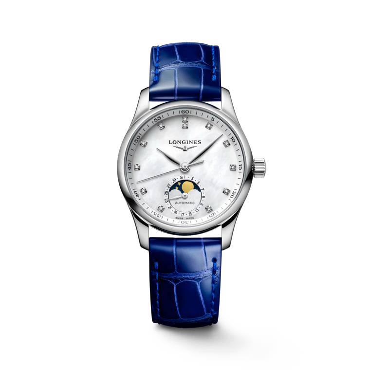 Longines Master Collection Automatic Moonphase Mother-of-Pearl Diamond Dial Blue Alligator Strap 34 mm [L2.409.4.87.0]