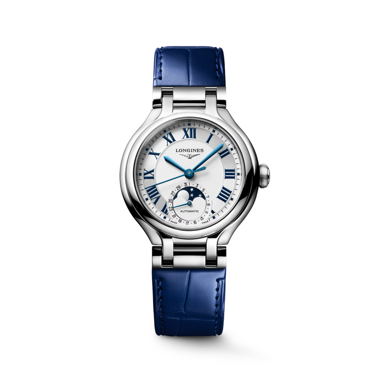 Longines PrimaLuna Automatic Moonphase Opaline Ivory Dial Blue Alligator Strap 34 mm [L8.126.4.71.2]