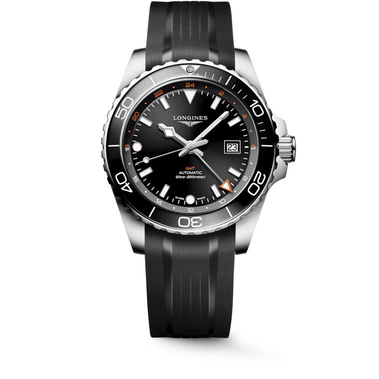 Longines HydroConquest GMT Automatic Sunray Black Dial Black Rubber Strap Stainless Steel & Ceramic Bezel 43 mm [L3.890.4.56.9]