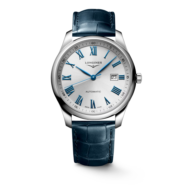 Longines Master Collection Automatic Opaline Silver Dial Blue Steel Hands Blue Alligator Strap 42 mm [L2.893.4.79.2]