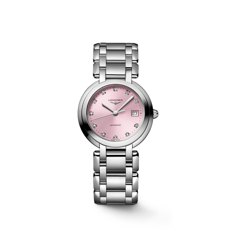 Longines PrimaLuna Automatic Sunray Pink Dial with Diamond Hour Markers Stainless Steel Bracelet 30 mm [L8.113.4.99.6]