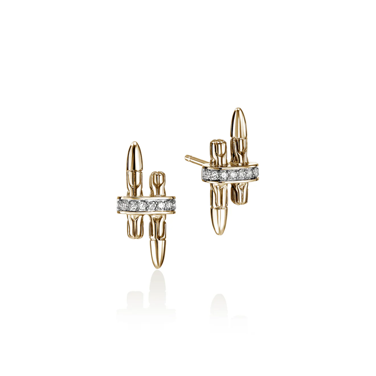 John Hardy Spear Stud Earrings – 14k Yellow Gold with Diamonds [EGGX989562DI]