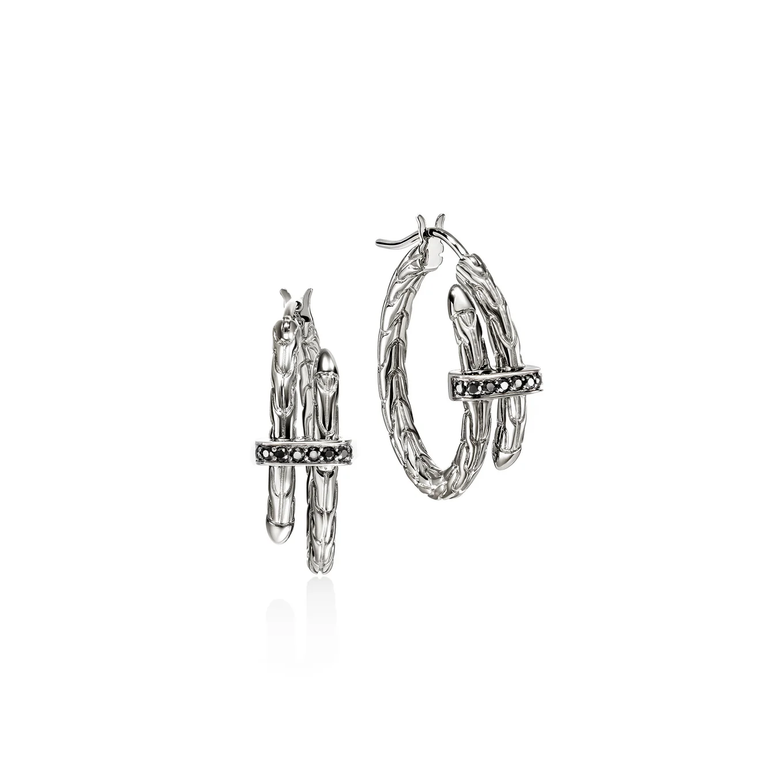 John Hardy Spear Hoop Earrings – Sterling Silver with Black Sapphire 22.5 mm [EBS986744BLS]