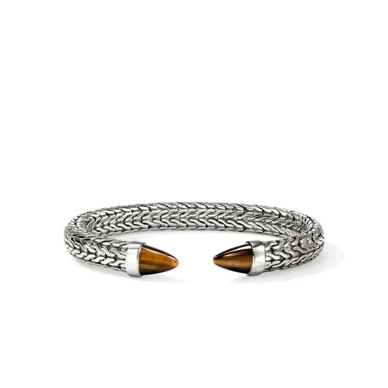 John Hardy Spear 50 Flex Cuff Bracelet – Sterling Silver with Tiger Eye 8.9 mm [CMS987961TE]