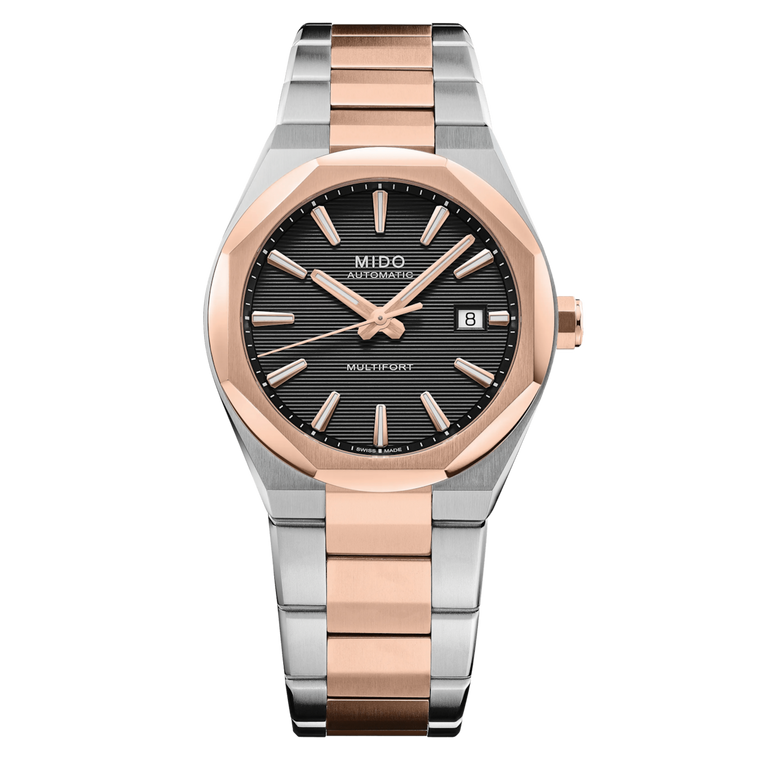 Mido Multifort 8 One Crown Automatic 40 mm Black Dial Stainless Steel Bracelet with Rose Gold PVD Accents M055.507.22.051.00 M0555072205100