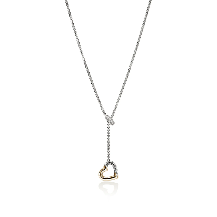 John Hardy JH Essential Heart Lariat Necklace – Sterling Silver & 14k Yellow Gold with Diamonds 1.5 mm (18 in) [NZZP989902DI]