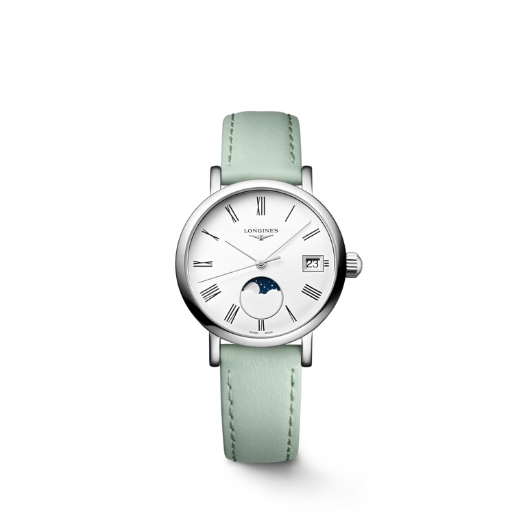 Longines Elegant Collection Moonphase Quartz Silver Dial Green Leather Strap 30 mm [L4.330.4.11.0]