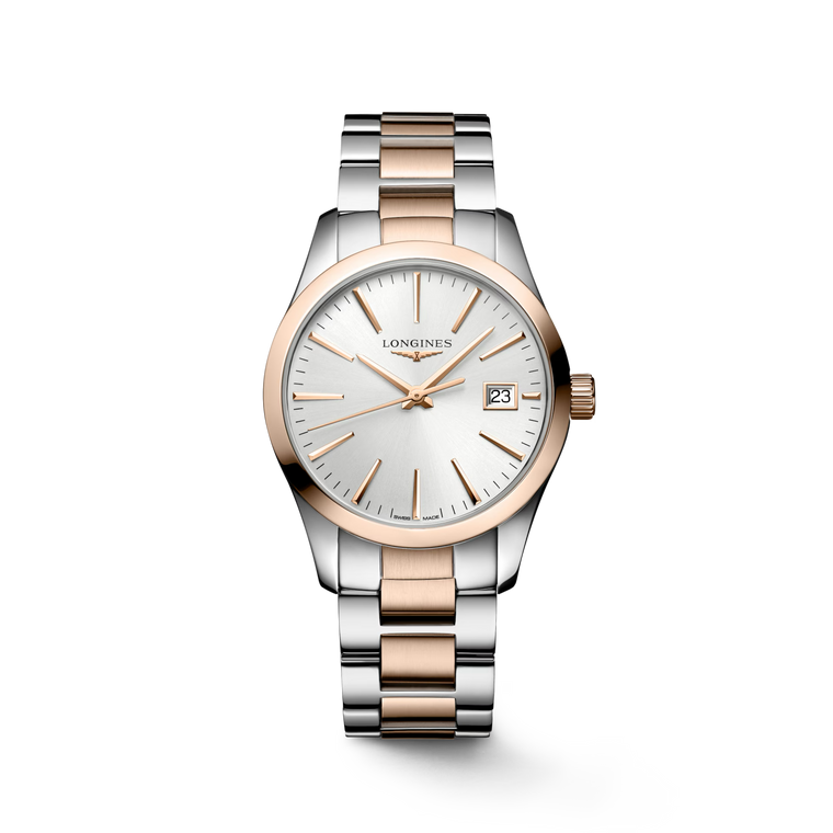 Longines Conquest Classic 34mm Silver Dial Quartz Stainless Steel & Red PVD Bracelet [L2.386.3.72.7]