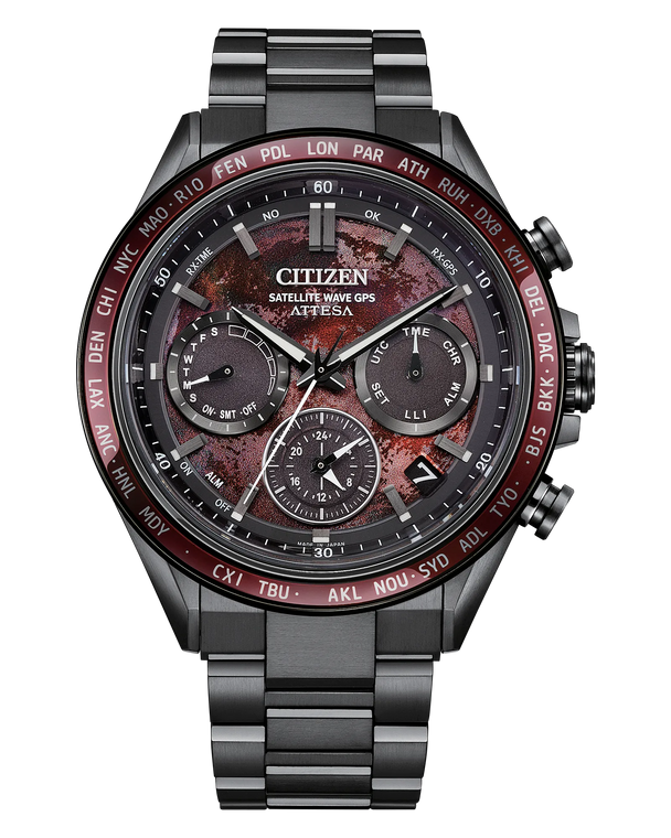 Citizen ATTESA CC4077-71Z front view showing red dial, grey Super Titanium DLC case, and Super Titanium DLC bracelet.
