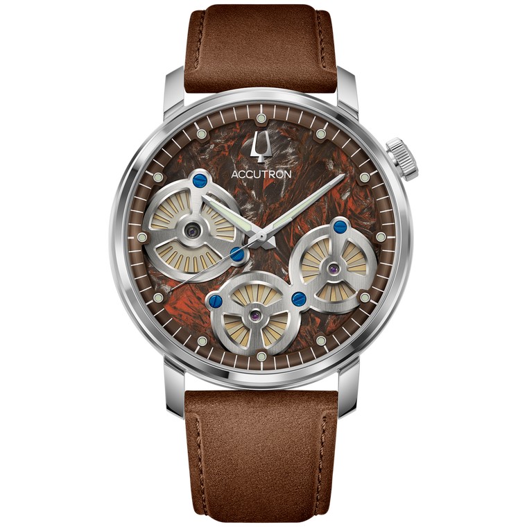 Front view of Accutron Spaceview Evolution 26A214 — forged carbon red dial with turbines visible.