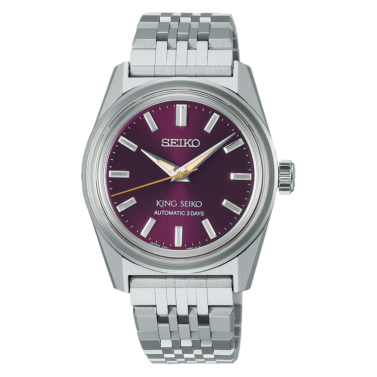 Front view of Seiko King Seiko [SPB461J1] with burgundy dial and stainless steel bracelet.
