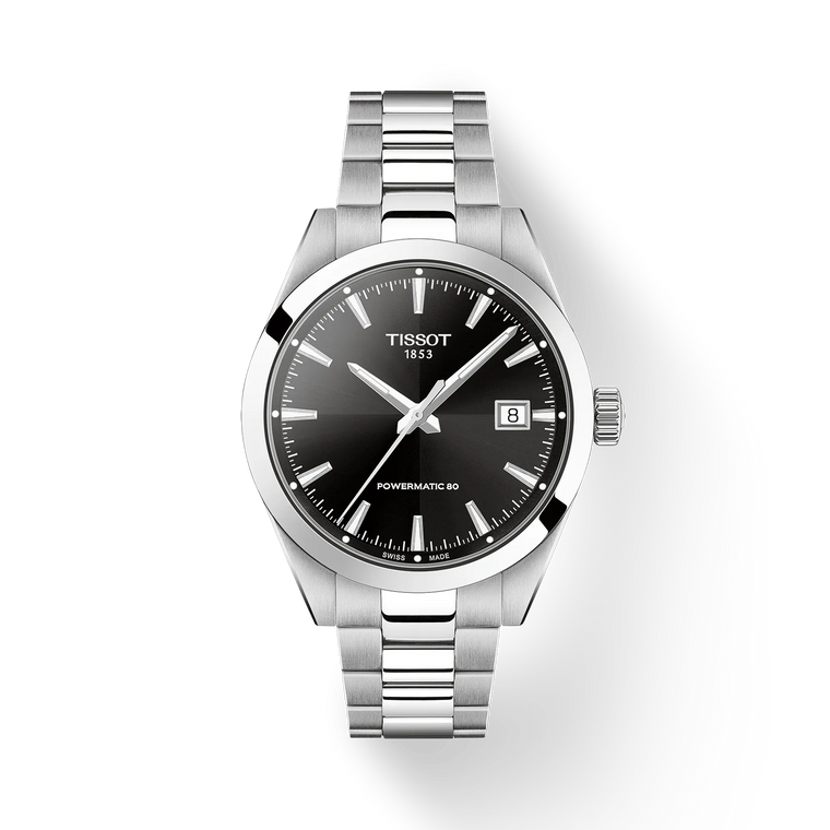 Tissot Gentleman 38 mm black dial automatic watch stainless steel bracelet front view
