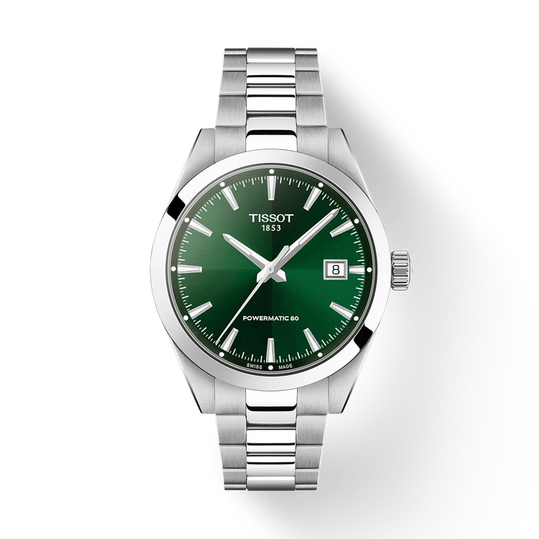 Tissot Gentleman 38 mm green dial automatic watch stainless steel bracelet front view
