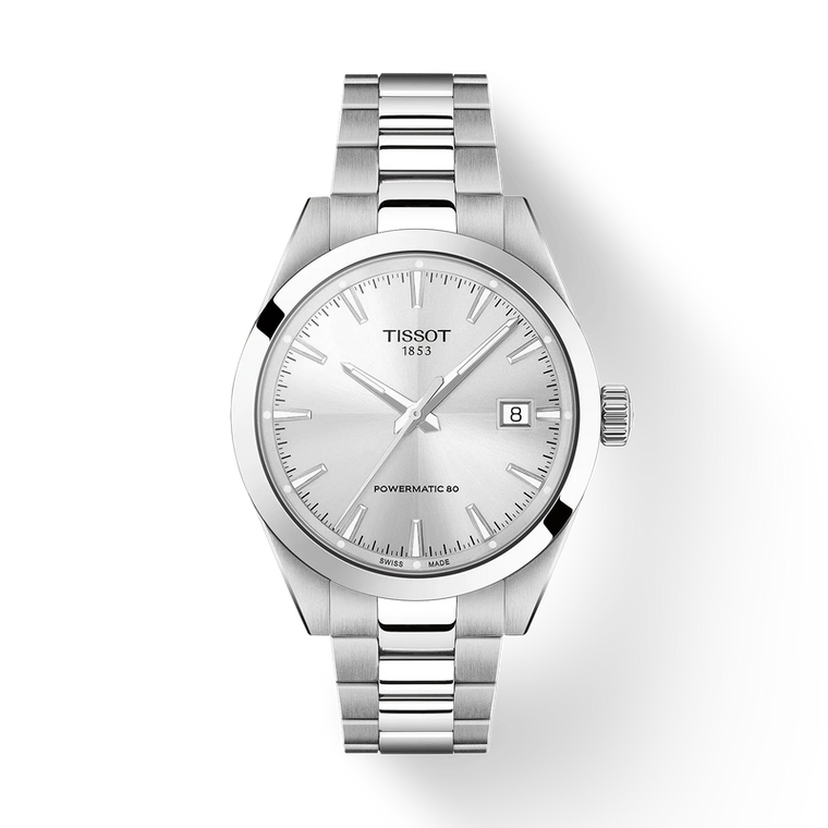 Tissot Gentleman 38 mm silver dial automatic watch stainless steel bracelet front view
