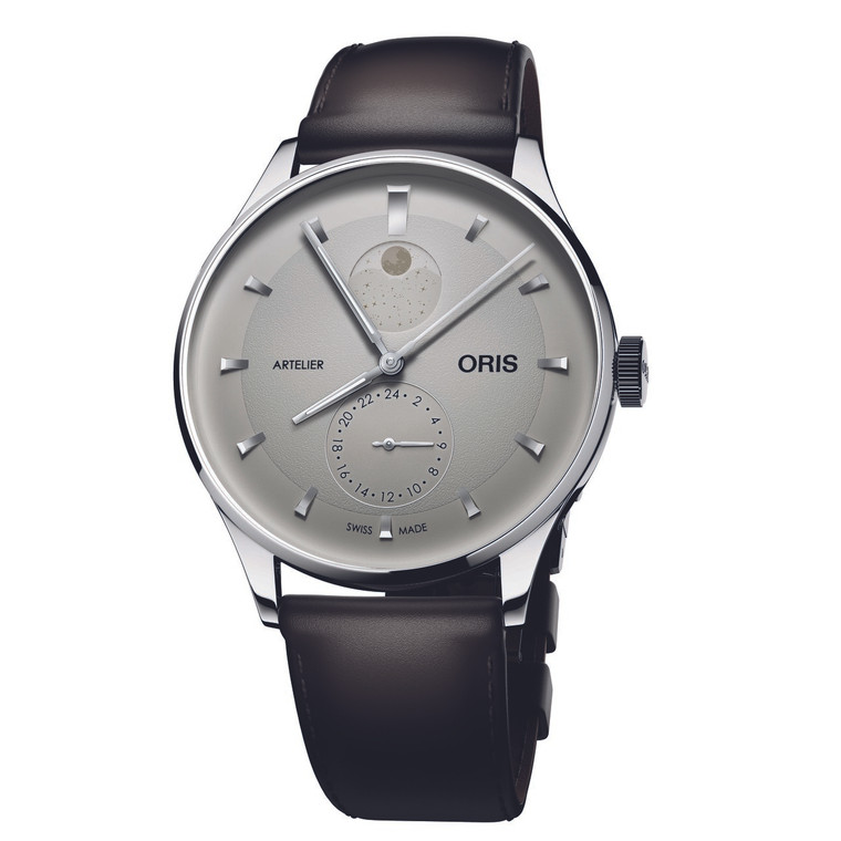 Oris Artelier Complication silver dial GMT moonphase leather strap front view 01 782 7811 4051-07 6 20 17FC
