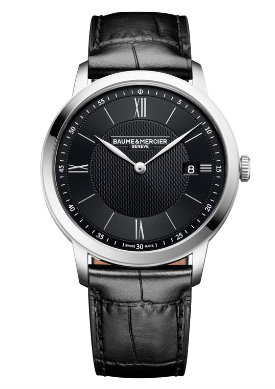 Baume & Mercier Classima 42 mm Automatic Calendar Aperture Silver Opaline Dial Black Leather Strap [M0A10881]
