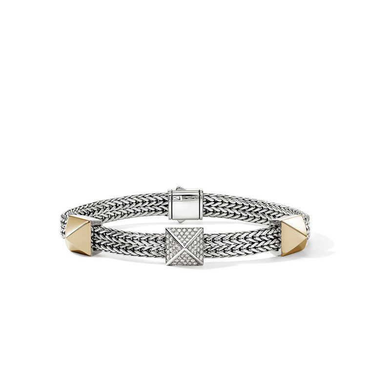 John Hardy Icon Stud Bracelet 14K Yellow Gold & Sterling Silver Diamonds 6MM [BUZZP989952DI]