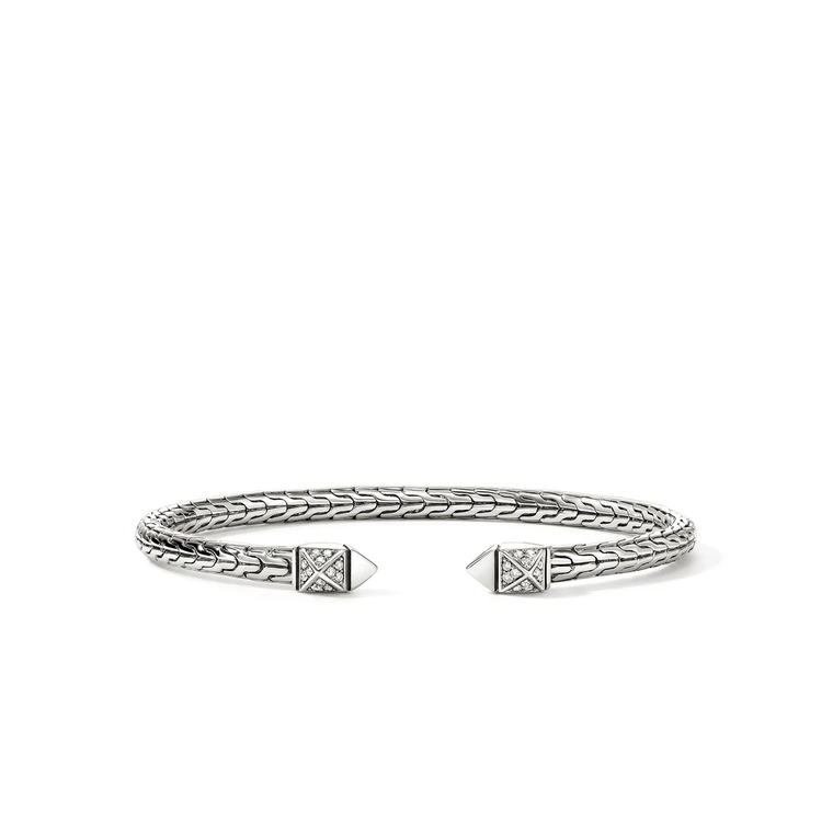John Hardy Icon Stud flex cuff sterling silver with pavé diamond studs front view