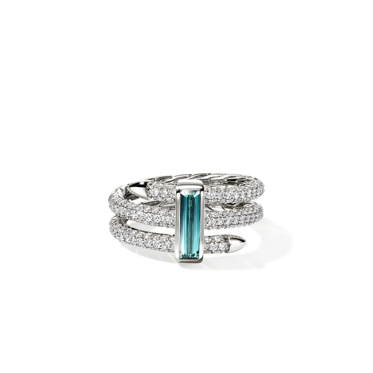 John Hardy Artisan Series Spear Wide Ring 18K White Gold Green Tourmaline Diamond Ring [RGP02327BGTMWDI]