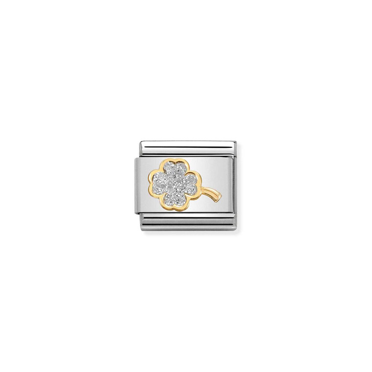 COMPOSABLE CLASSIC GLITTER SYMBOLS IN STEEL, ENAMEL AND 18K GOLD SILVER FOUR-LEAF CLOVER