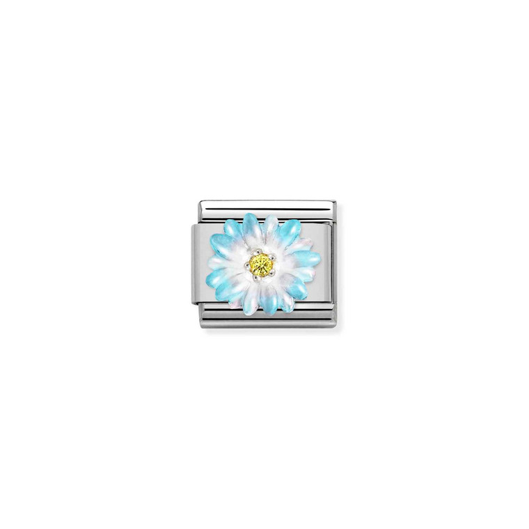 COMPOSABLE CLASSIC SYMBOLS STAINLESS STEEL, ENAMEL, CUBIC ZIRCONIA AND 925 STERLING SILVER LIGHT BLUE FLOWER