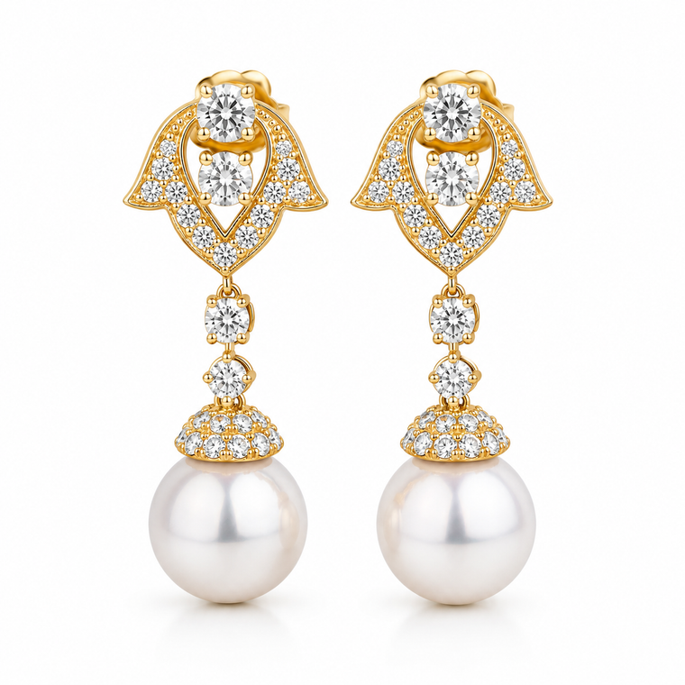 VERA Cleopatra™ Diamond & Pearl Drop Earrings 5.93 Carats 14K Yellow Gold