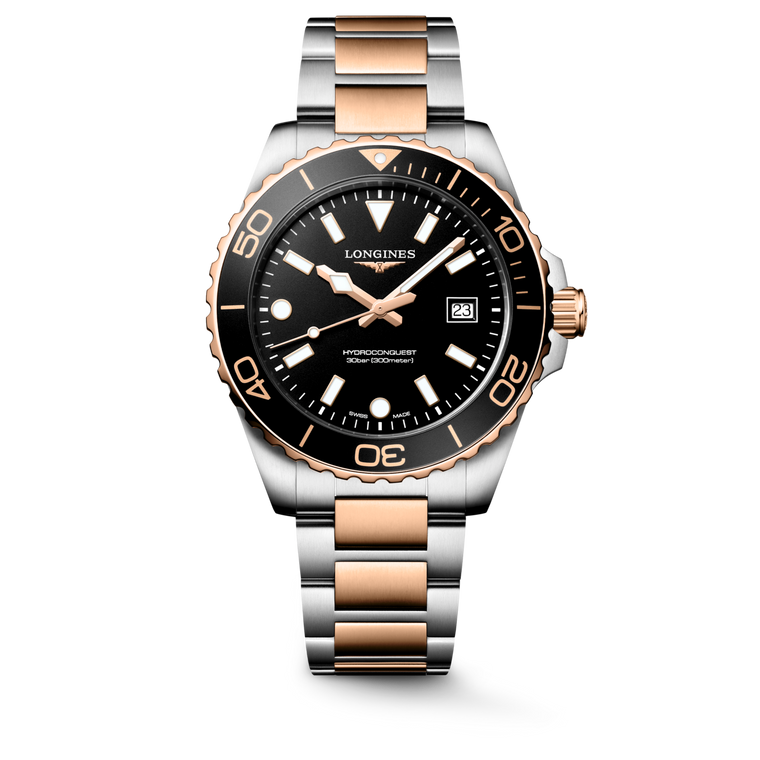 Longines HydroConquest L3.769.3.58.7 Swiss Made 42mm quartz dive watch with black sandblasted dial, black unidirectional rotating bezel, and stainless steel with red PVD-coated bracelet.