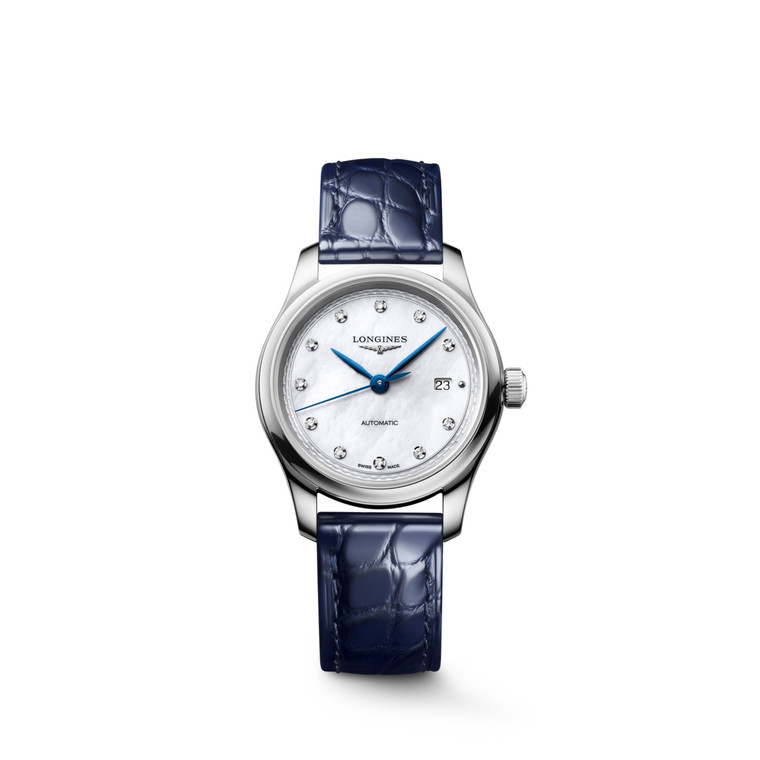 Longines Master Collection L2.449.4.87.2 30mm automatic watch with white mother-of-pearl dial, diamond hour markers and blue alligator leather strap.
