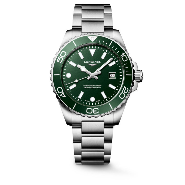 Longines HydroConquest L3.769.4.06.6 42mm Swiss quartz dive watch with green sandblasted dial, green unidirectional rotating bezel, and stainless steel bracelet.