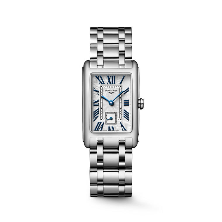 Longines DolceVita L5.512.4.70.6 Swiss Made quartz watch with silver flinqué dial, Roman numerals, blued steel hands, rectangular stainless steel case, and stainless steel bracelet.