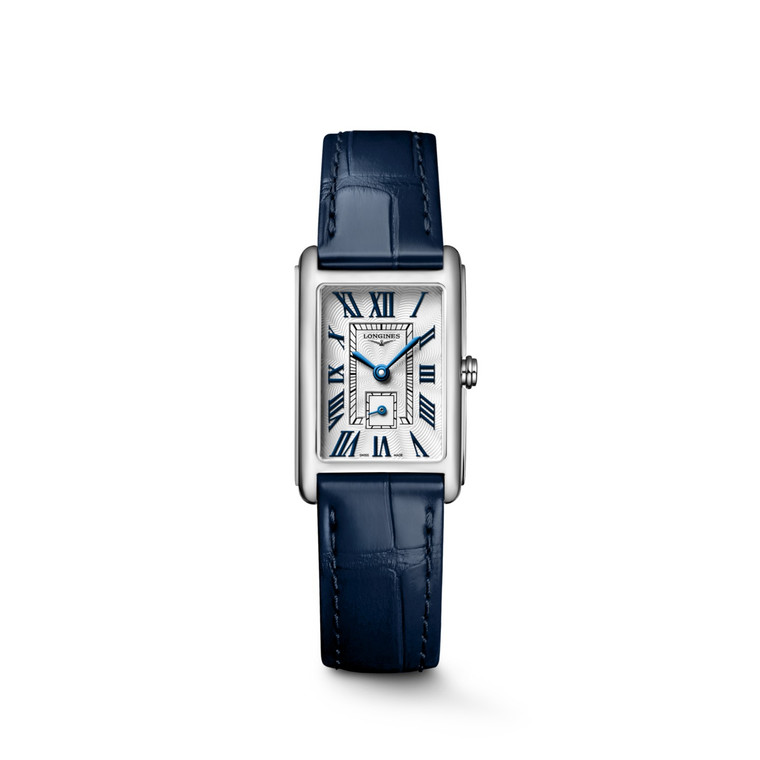 Longines DolceVita L5.255.4.70.2 Swiss Made quartz watch with a silver flinqué dial, painted Roman numerals, blued steel hands, rectangular stainless steel case, and midnight blue alligator leather strap.