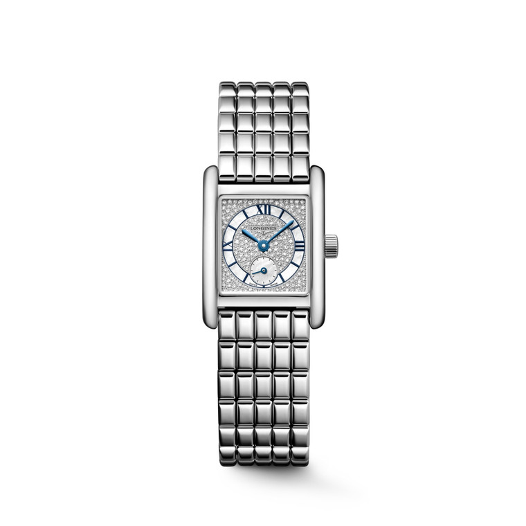 Longines Mini DolceVita L5.200.4.87.6 Swiss Made quartz watch featuring a snow-set white mother-of-pearl dial with diamonds, rectangular stainless steel case, and stainless steel bracelet.