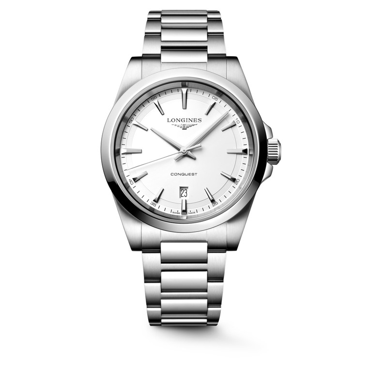 Longines Conquest L3.860.4.12.6 Swiss Made 41 mm quartz watch with a white sandblasted dial, stainless steel case, and stainless steel bracelet.