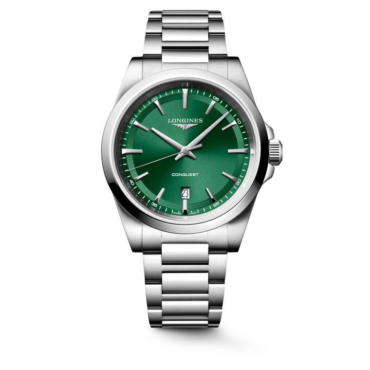 Longines Conquest L3.860.4.09.6 Swiss Made 41 mm quartz watch with a sunray green dial, stainless steel case, and stainless steel bracelet.