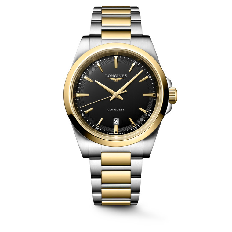 Longines Conquest L3.860.3.52.7 Swiss Made 41 mm quartz watch with a black sandblasted dial, stainless steel and yellow PVD-coated case, and matching stainless steel and yellow PVD bracelet.