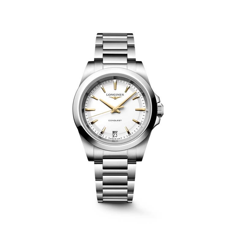Longines Conquest L3.460.4.12.6 Swiss Made 34 mm quartz watch with a white sandblasted dial, stainless steel case, and stainless steel bracelet.