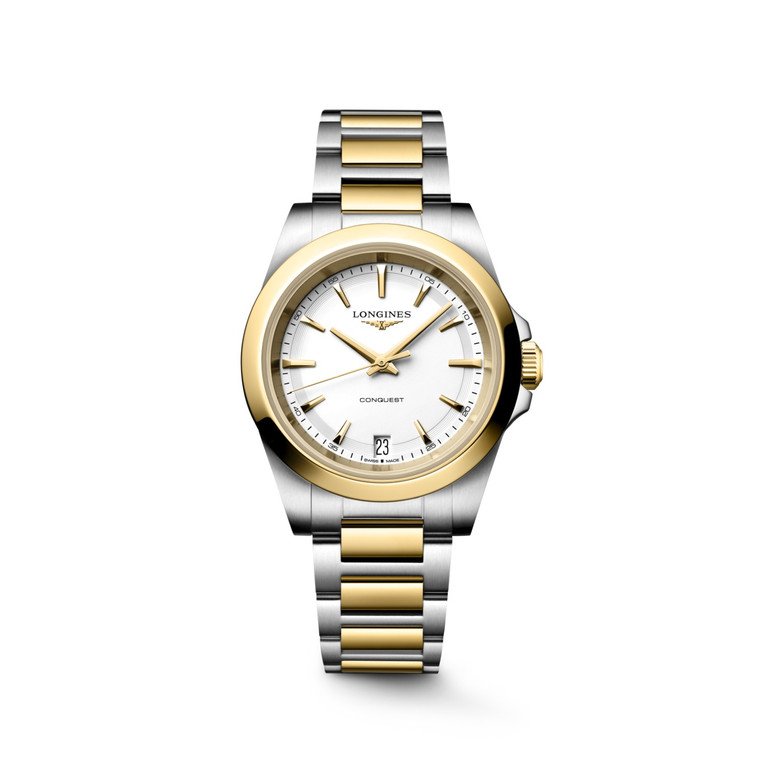 Longines Conquest L3.460.3.12.7 Swiss Made 34 mm quartz watch with a white sandblasted dial, stainless steel case with yellow gold PVD bezel, and stainless steel bracelet with yellow gold PVD centre links.